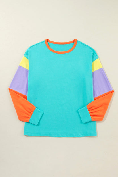 Dark Blue Colorblock Patchwork Long Sleeve Loose Top