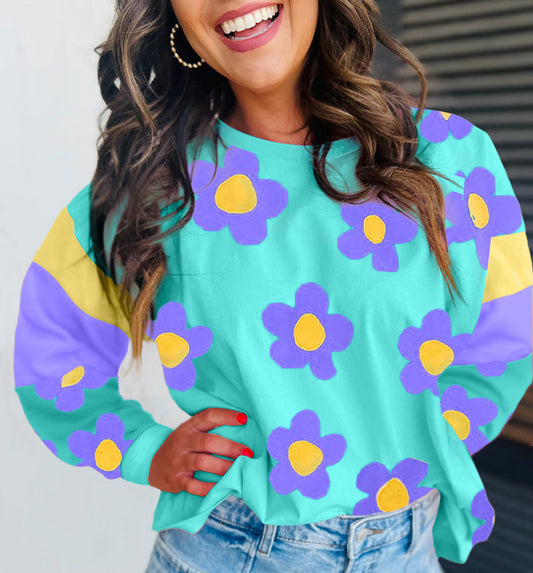 Sky Blue Floral Color Block Long Sleeve Loose Top