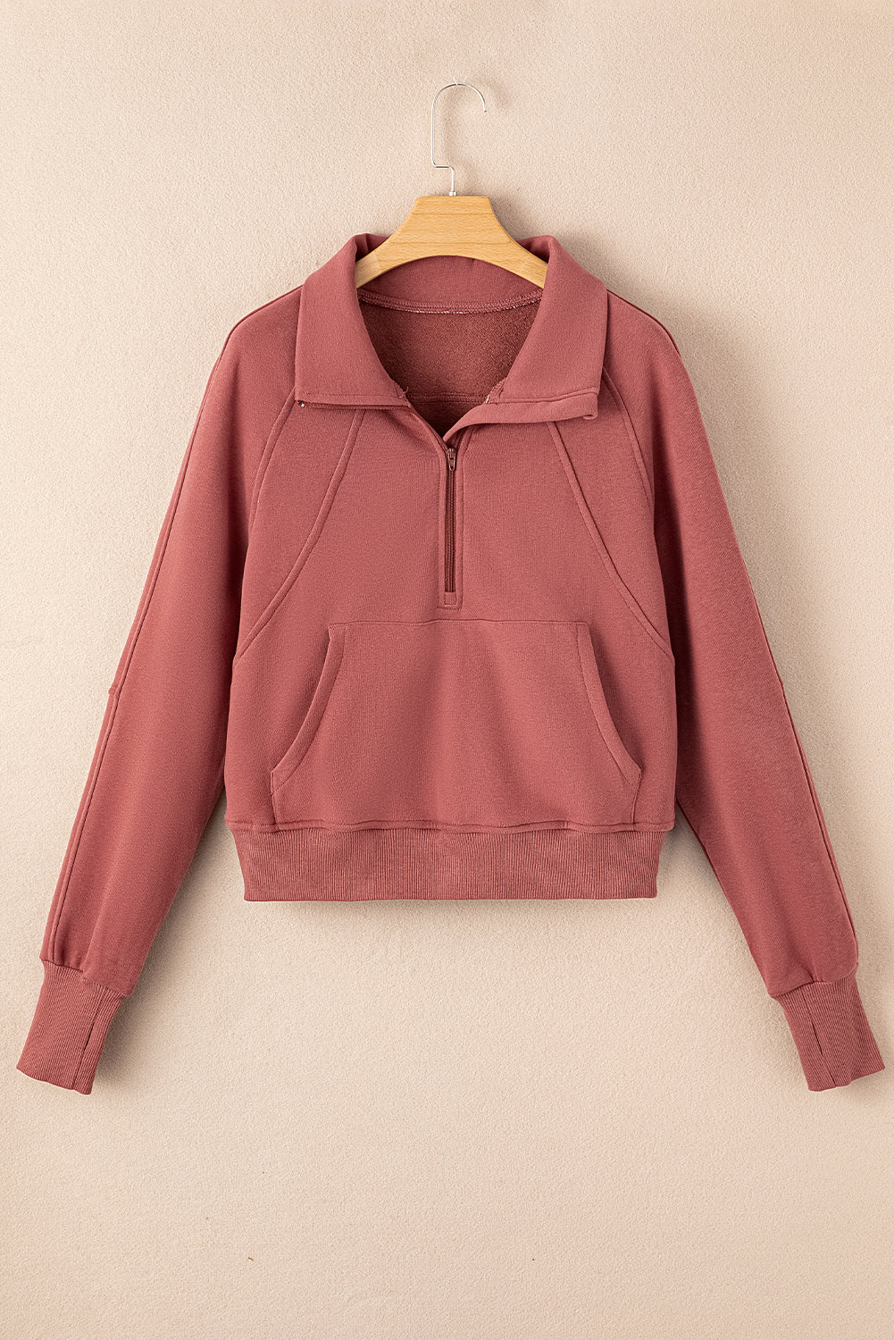 Gray Fleece Lined Zip Up Stand Collar Thumbhole Sleeve Sweatshirt