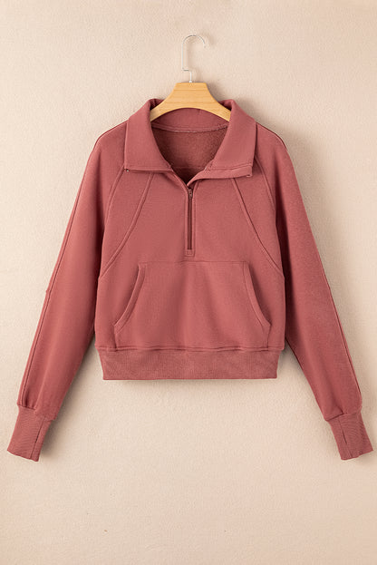Gray Fleece Lined Zip Up Stand Collar Thumbhole Sleeve Sweatshirt