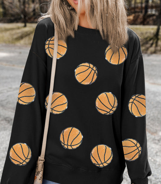 Black Sequin Ball Patched Crewneck Game Day Sweatshirt
