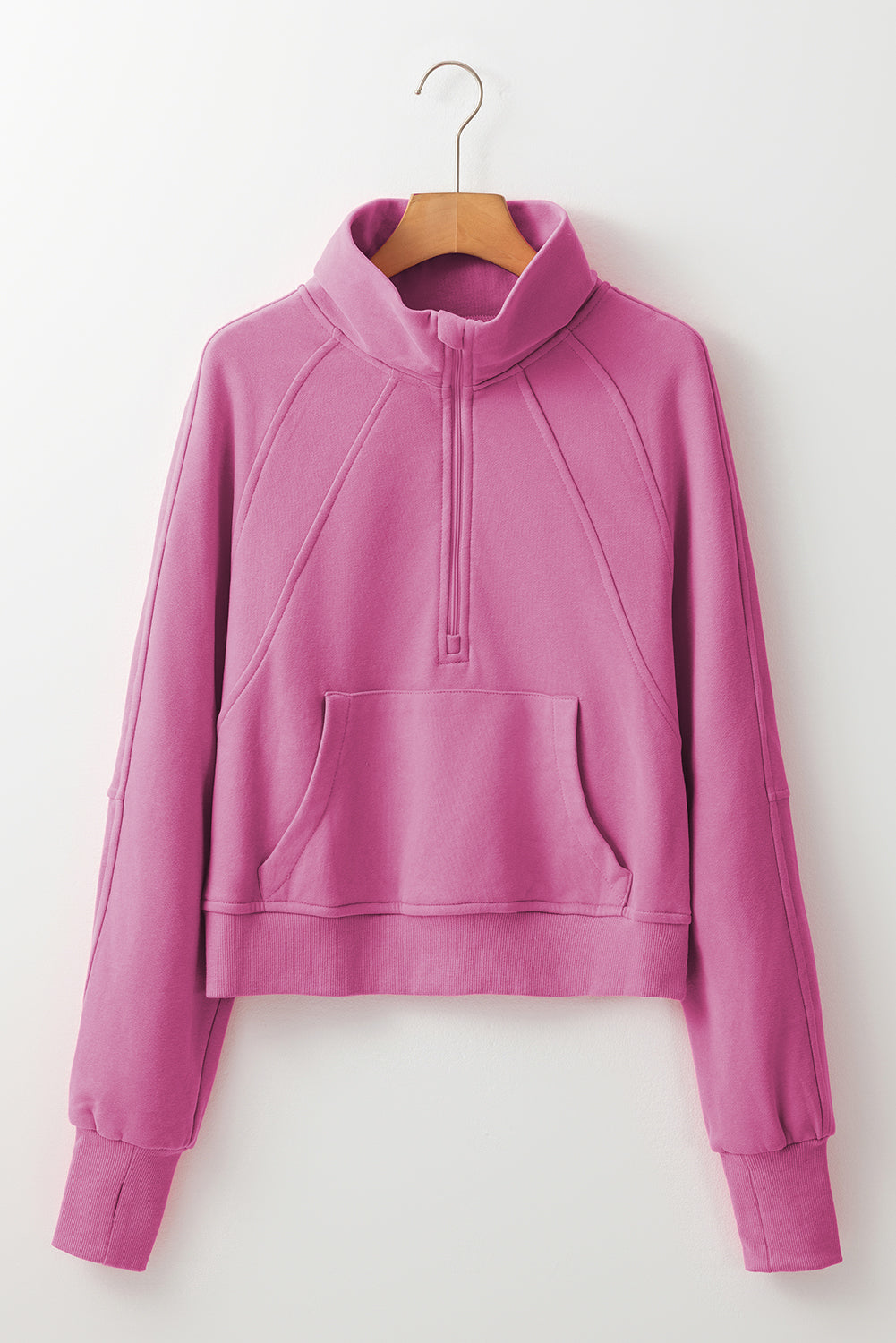 Gray Fleece Lined Zip Up Stand Collar Thumbhole Sleeve Sweatshirt