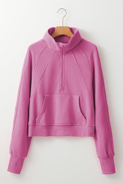Gray Fleece Lined Zip Up Stand Collar Thumbhole Sleeve Sweatshirt
