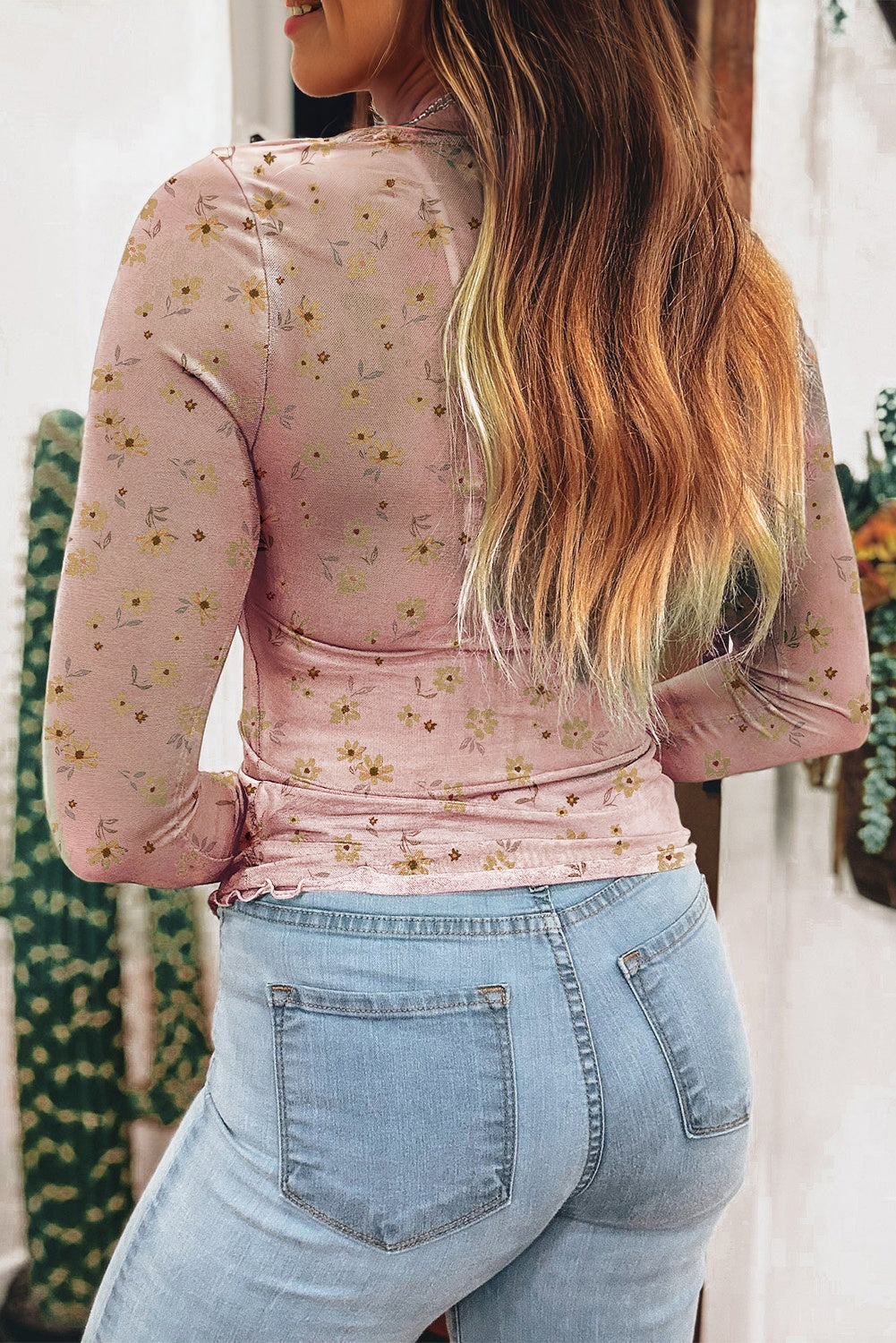 Laurel Green Vintage Floral Print Southern Style Mesh Long Sleeve Top