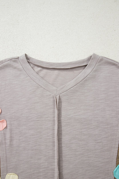 Pink Flower Patched Exposed Seam Bracelet Sleeve Oversized T Shirt