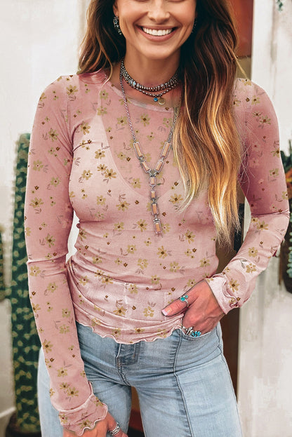 Laurel Green Vintage Floral Print Southern Style Mesh Long Sleeve Top