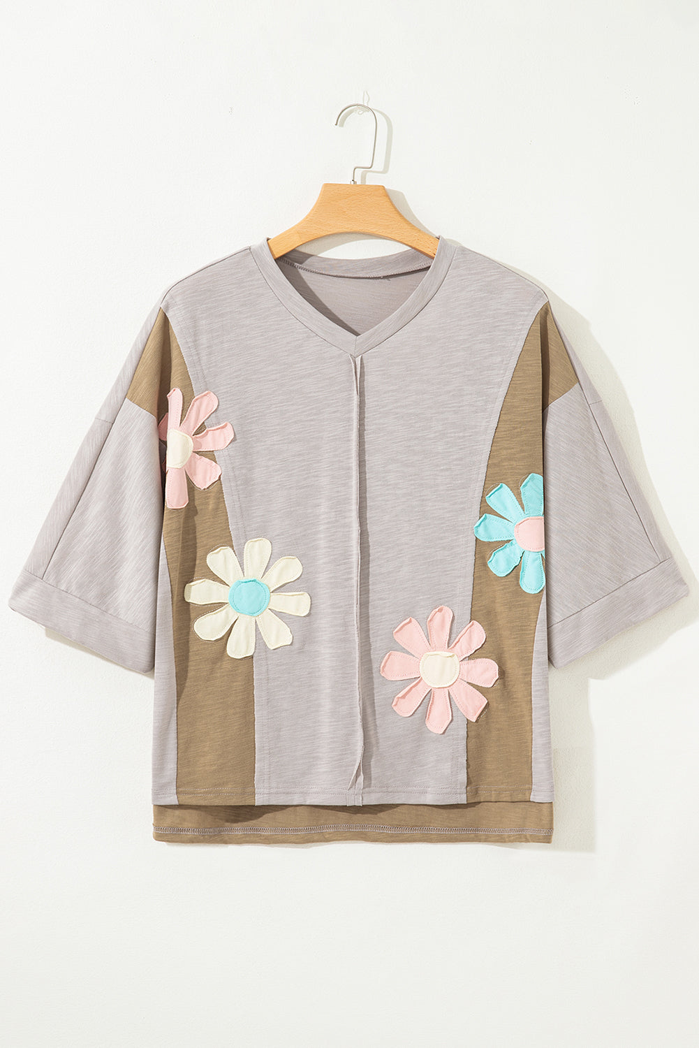 Pink Flower Patched Exposed Seam Bracelet Sleeve Oversized T Shirt
