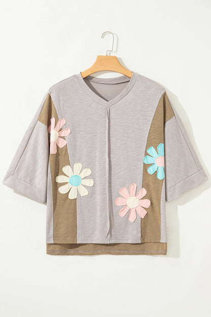 Pink Flower Patched Exposed Seam Bracelet Sleeve Oversized T Shirt