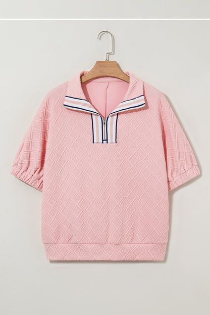 White Contrast Striped Collar Patchwork Textured Half Sleeve Blouse