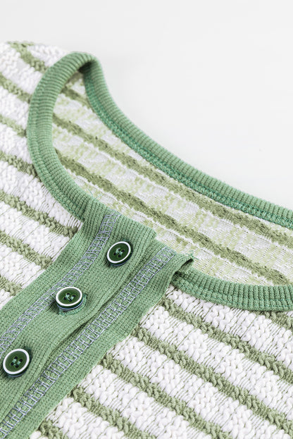 Sky Blue Stripe Textured Frilly Trim Buttons Henley Long Sleeve Top