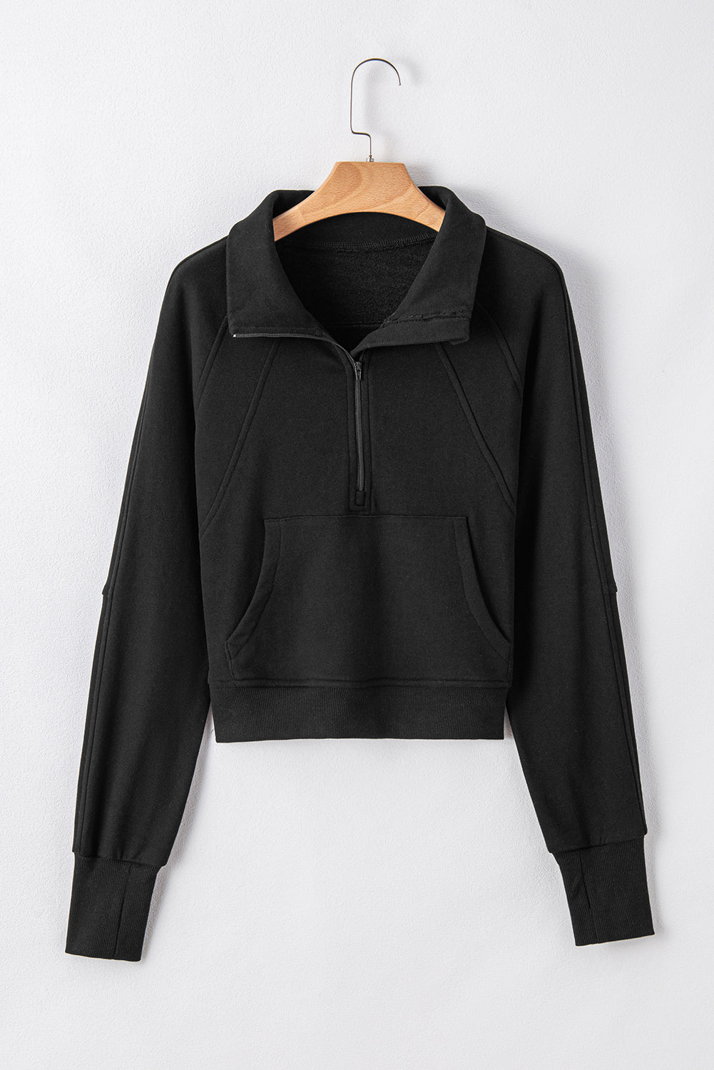 Gray Fleece Lined Zip Up Stand Collar Thumbhole Sleeve Sweatshirt