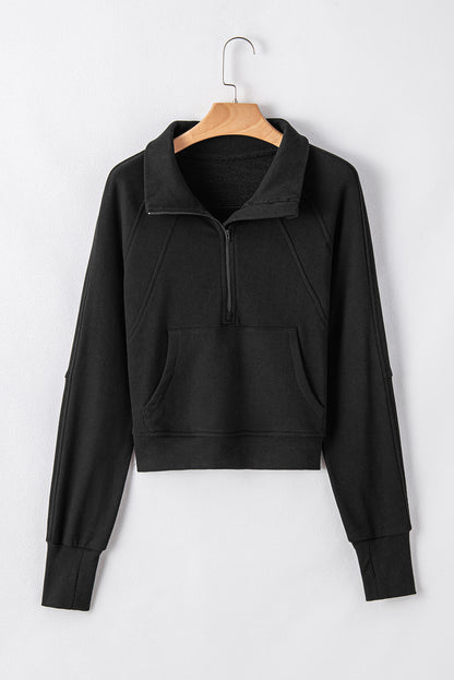 Gray Fleece Lined Zip Up Stand Collar Thumbhole Sleeve Sweatshirt