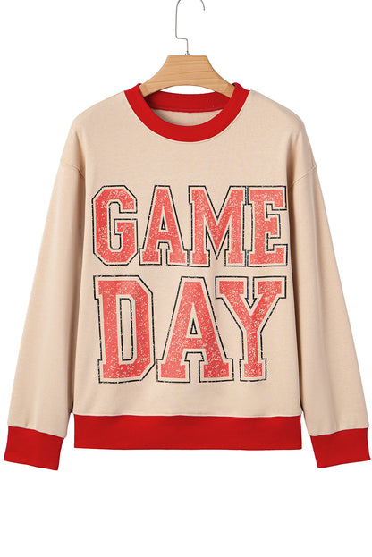 Oatmeal GAME DAY Letter Graphic Varsity Striped Detail Baggy Sweatshirt