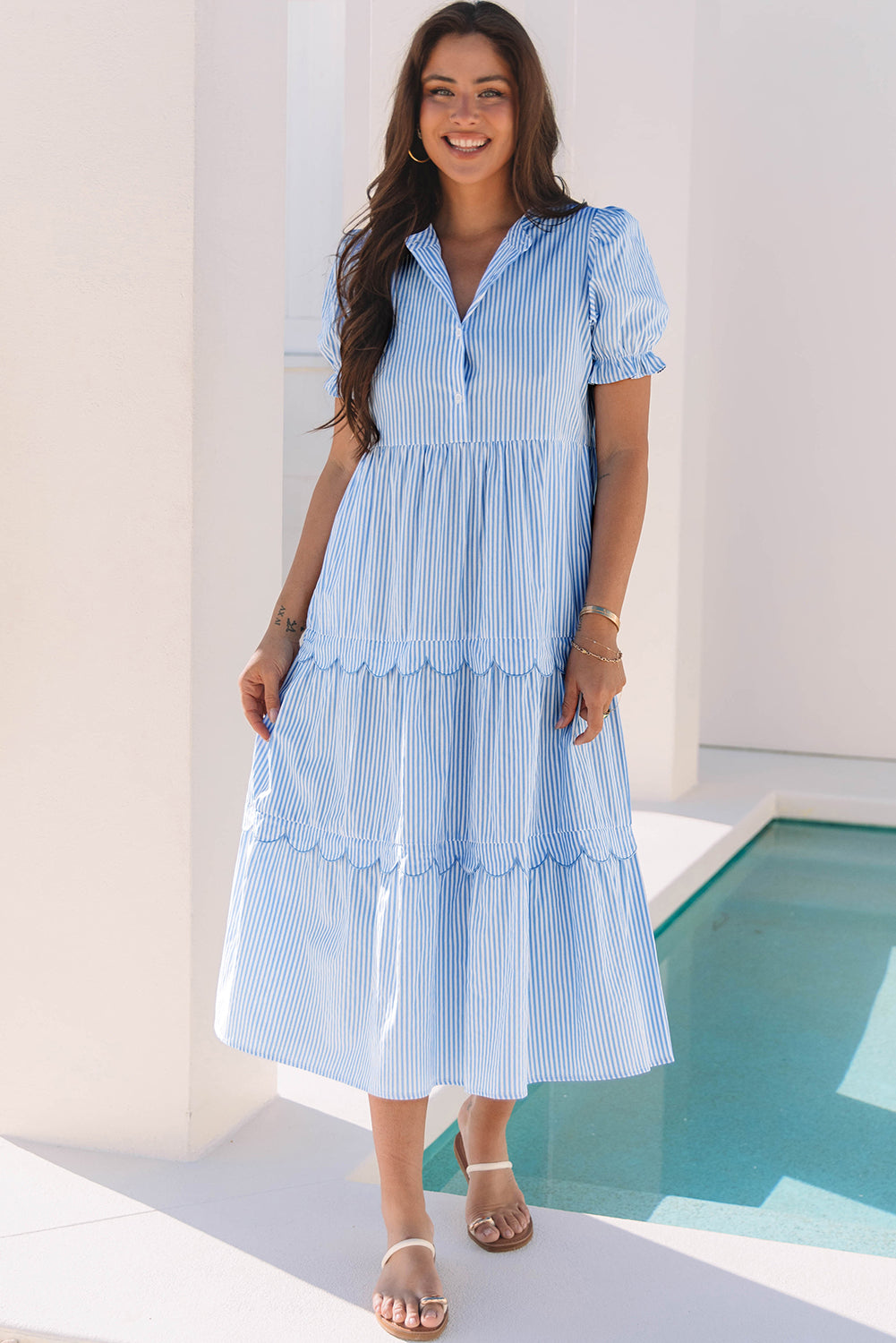 Sky-blue stripe modest maxi dress with bubble sleeves and scallop tiers