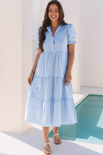 Sky-blue stripe modest maxi dress with bubble sleeves and scallop tiers