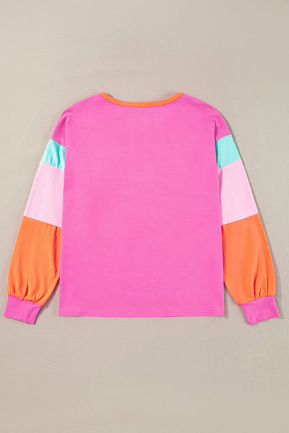 Dark Blue Colorblock Patchwork Long Sleeve Loose Top