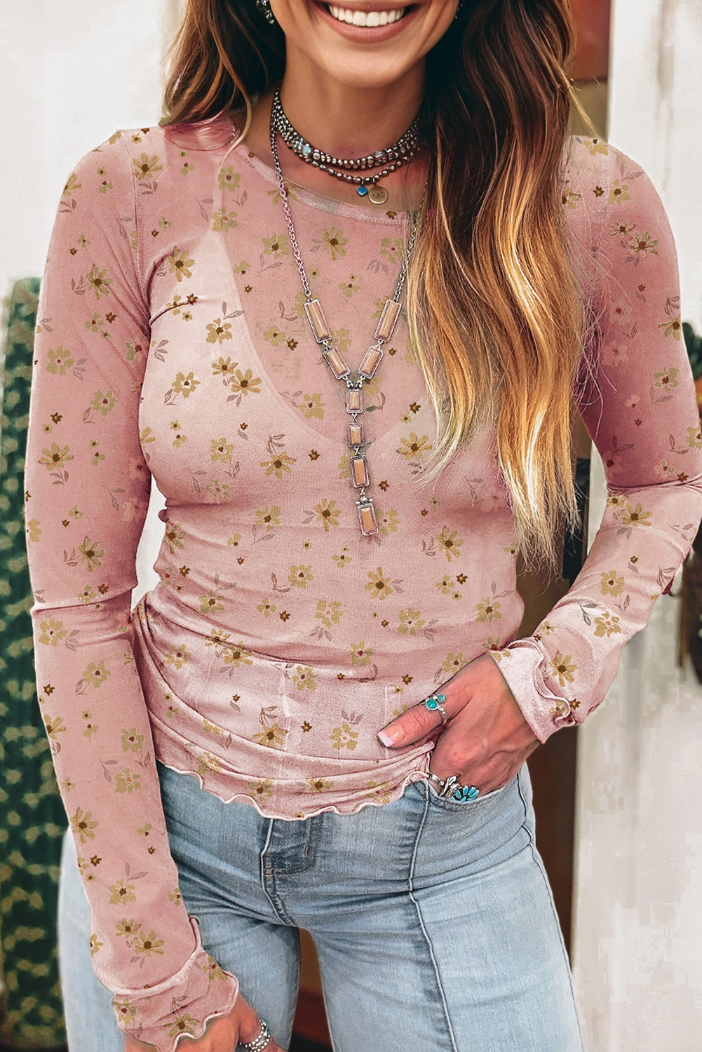 Laurel Green Vintage Floral Print Southern Style Mesh Long Sleeve Top