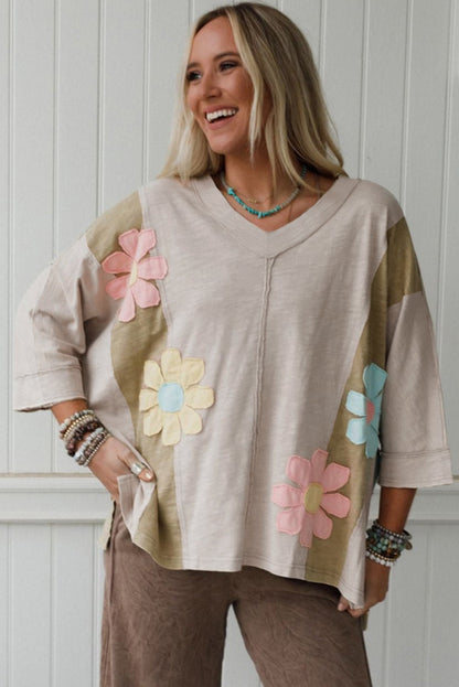 Pink Flower Patched Exposed Seam Bracelet Sleeve Oversized T Shirt