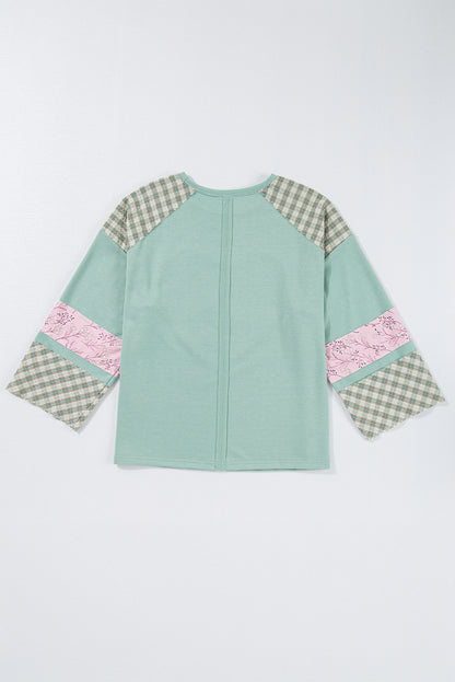 Beige Plaid Floral Peace Heart Graphic Wide Long Sleeve Top