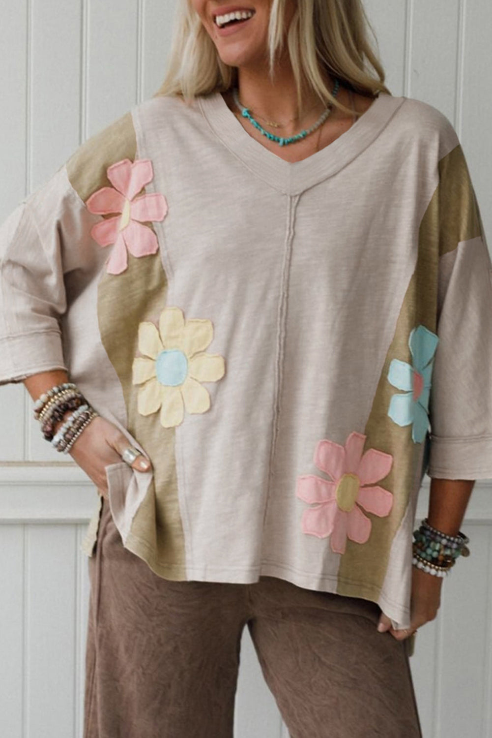 Pink Flower Patched Exposed Seam Bracelet Sleeve Oversized T Shirt