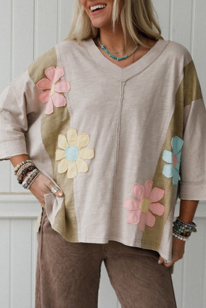 Pink Flower Patched Exposed Seam Bracelet Sleeve Oversized T Shirt