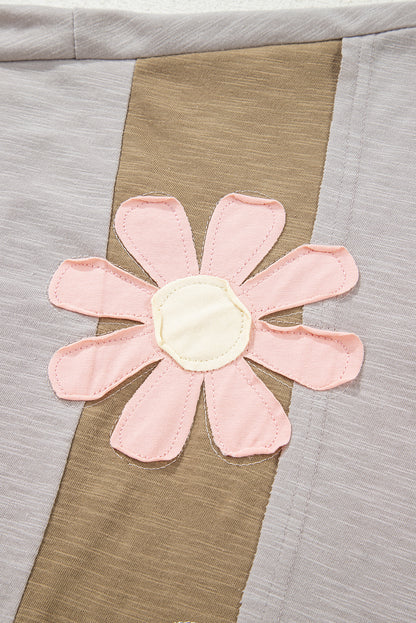 Pink Flower Patched Exposed Seam Bracelet Sleeve Oversized T Shirt