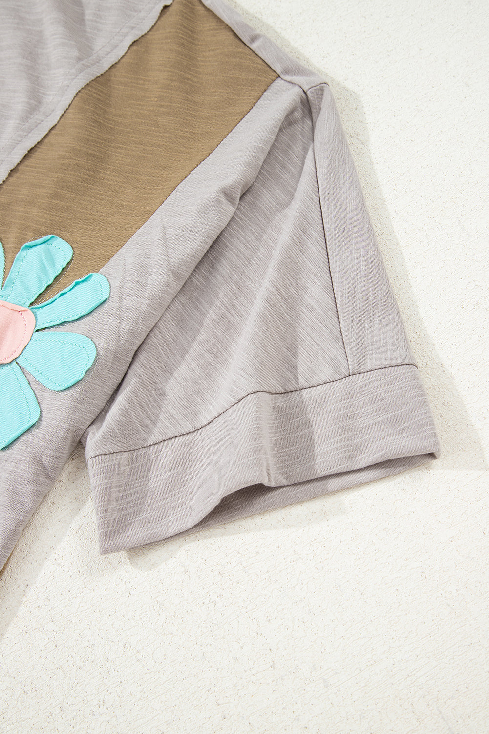 Pink Flower Patched Exposed Seam Bracelet Sleeve Oversized T Shirt
