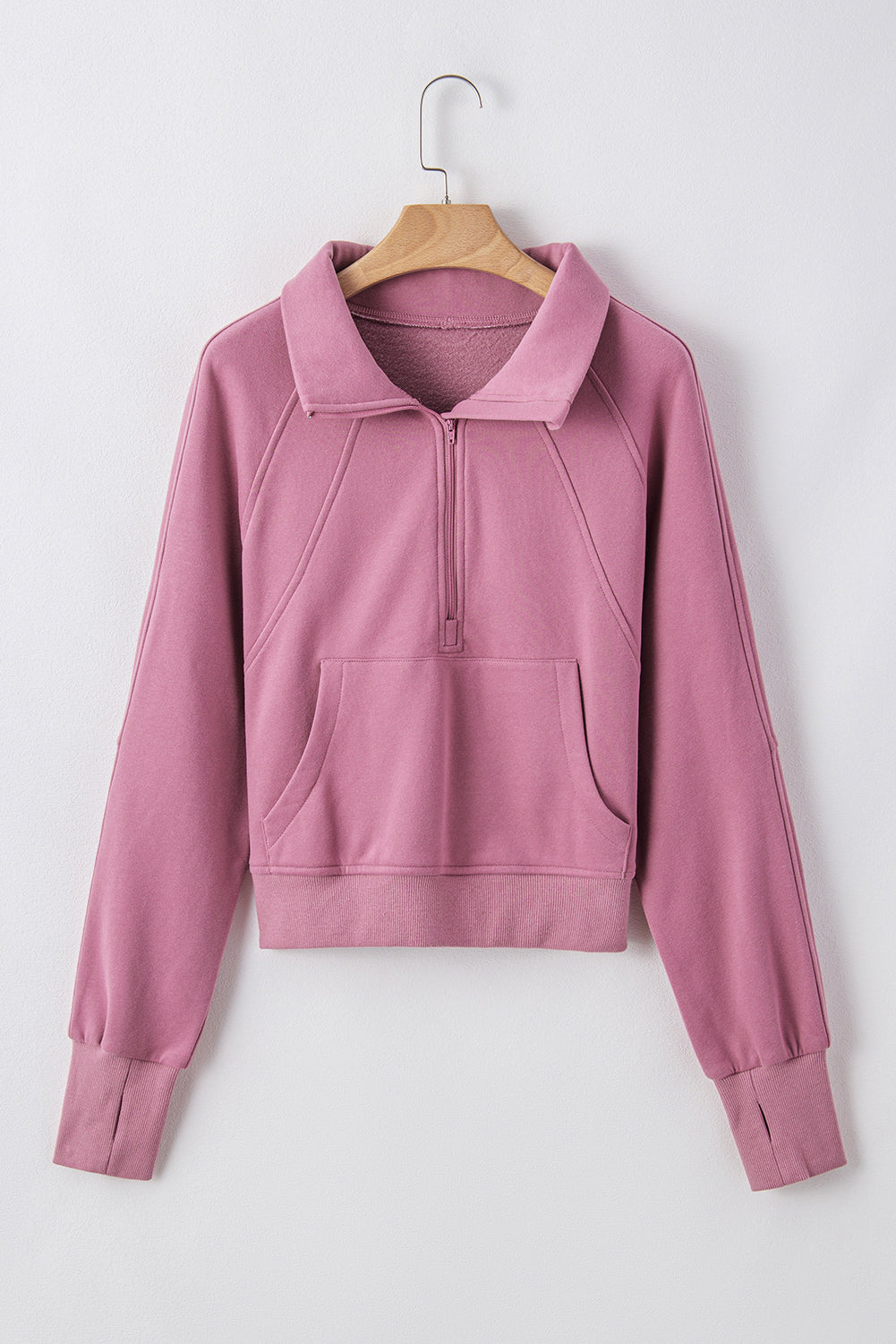 Gray Fleece Lined Zip Up Stand Collar Thumbhole Sleeve Sweatshirt