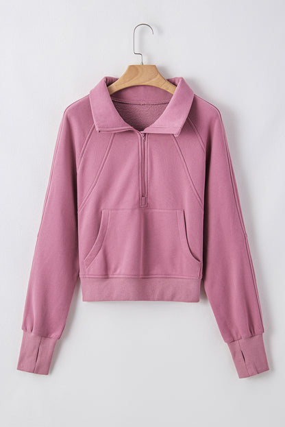 Gray Fleece Lined Zip Up Stand Collar Thumbhole Sleeve Sweatshirt