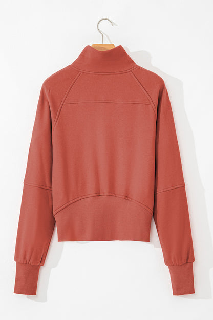 Gray Fleece Lined Zip Up Stand Collar Thumbhole Sleeve Sweatshirt