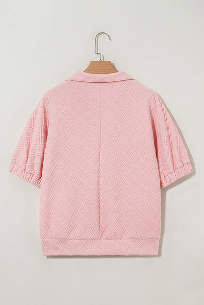 White Contrast Striped Collar Patchwork Textured Half Sleeve Blouse