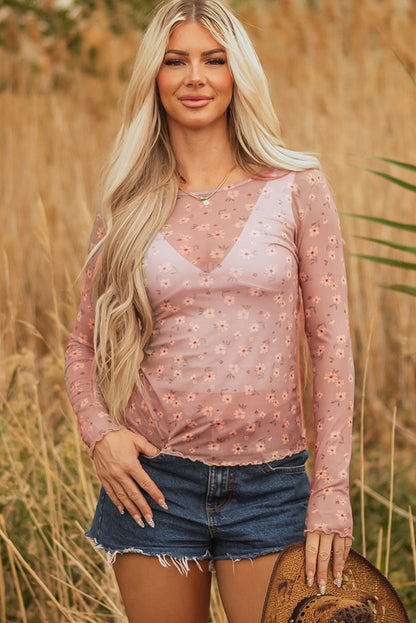 Laurel Green Vintage Floral Print Southern Style Mesh Long Sleeve Top