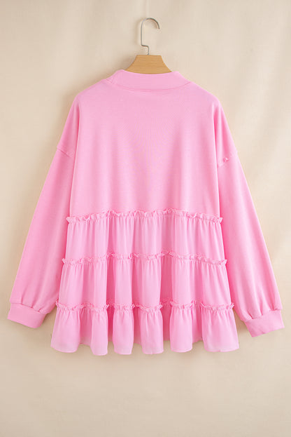 Pink Tiered Ruffle Ribbed Crew Neck Pullover Plus Size Top