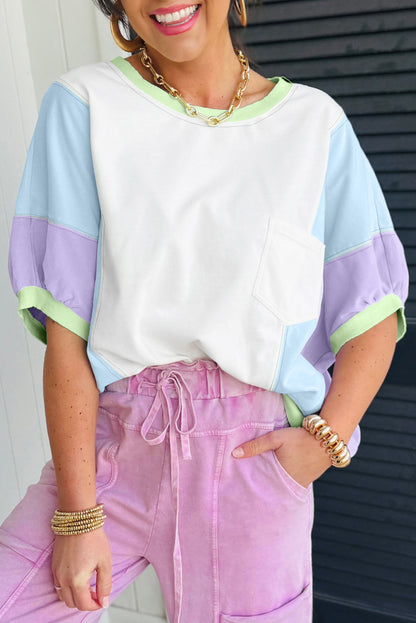 Purple Color Block Patchwork Half Sleeve Oversized T Shirt