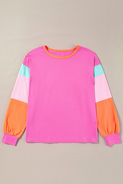 Dark Blue Colorblock Patchwork Long Sleeve Loose Top